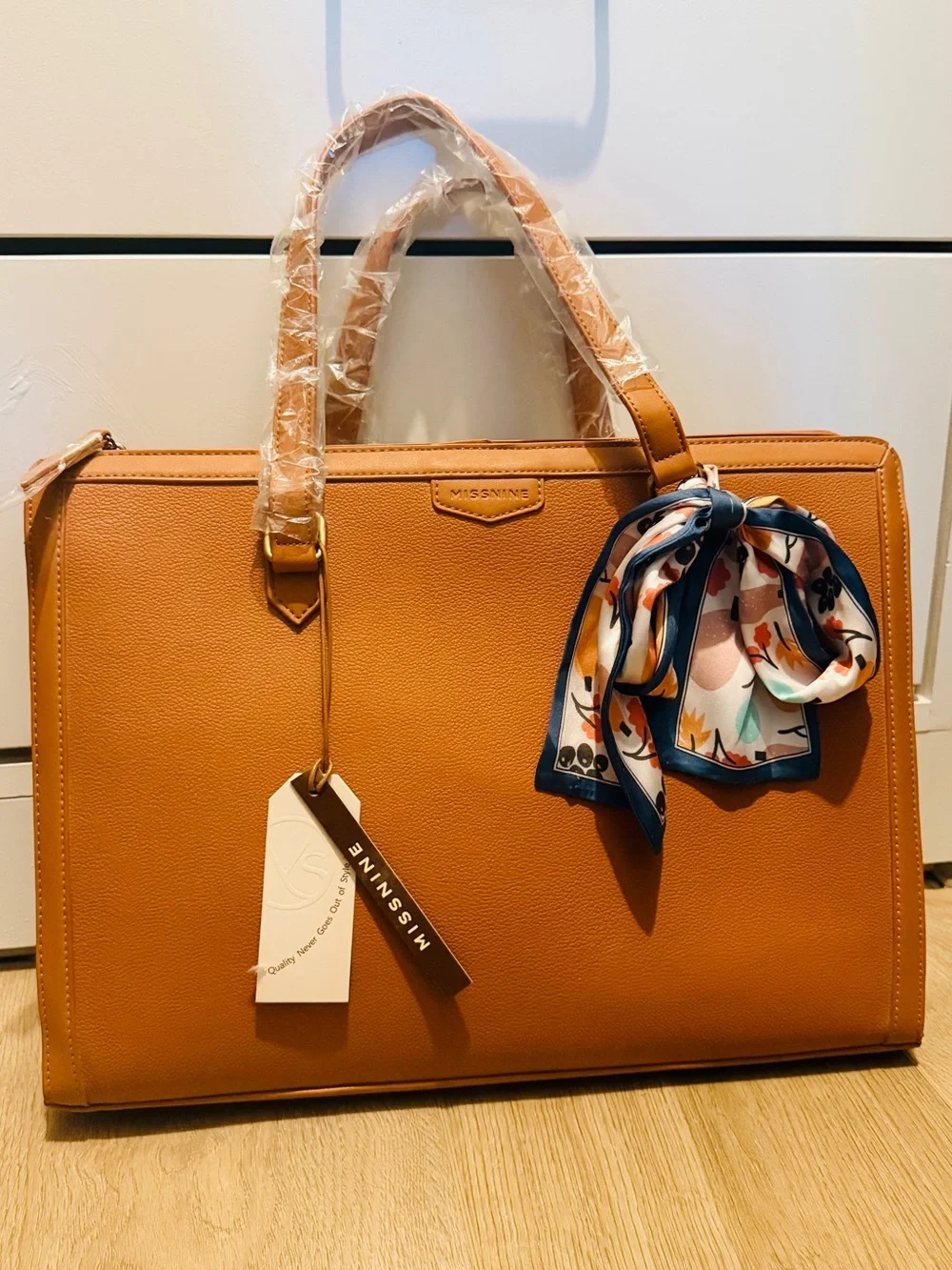 Structured Cognac Tote with Accent Scarf